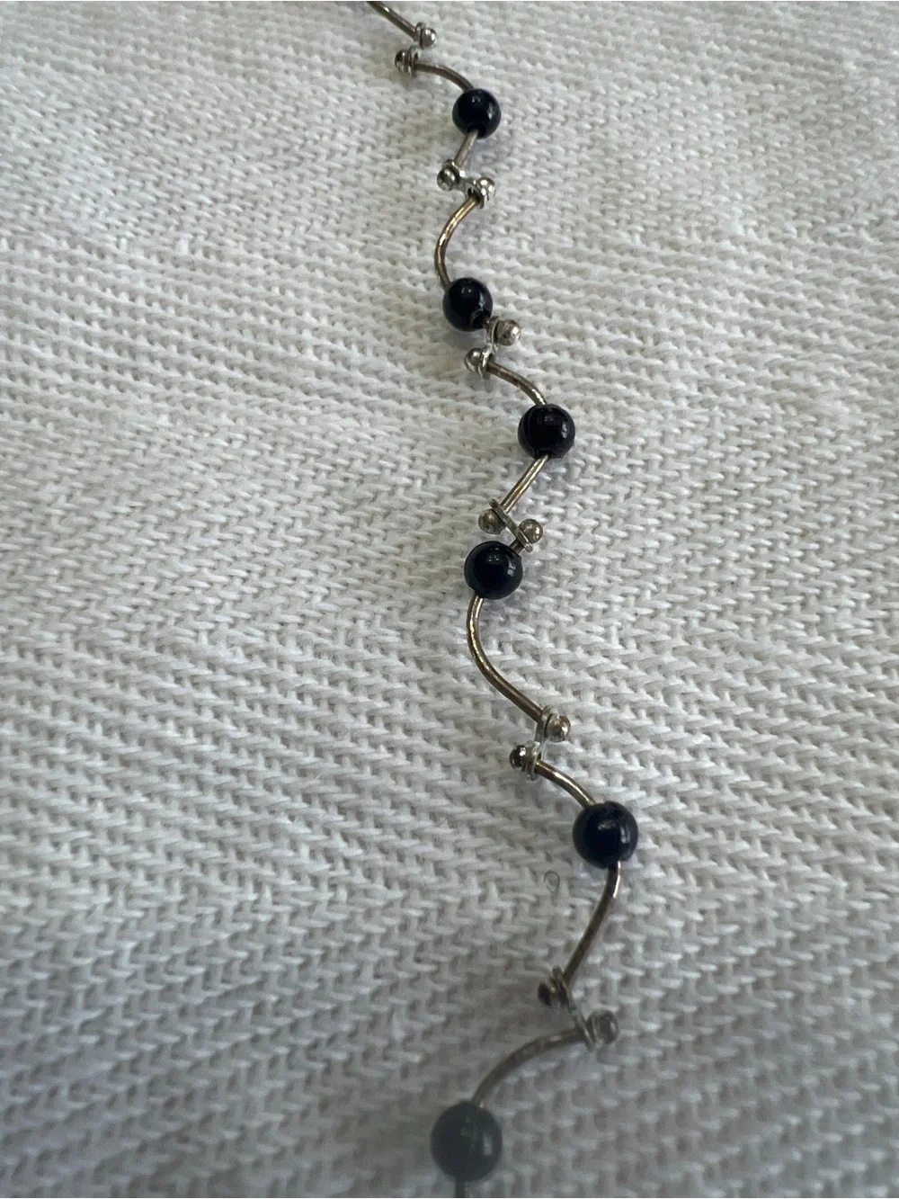 Silver Tone Wavy Bar & Black Bead Station Necklace | Zig Zag Link 15